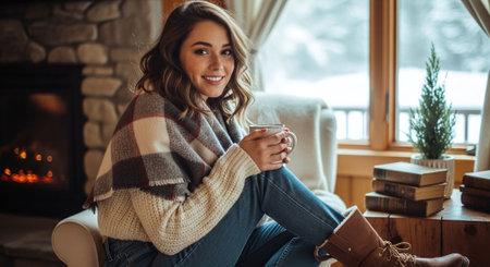 Beautiful young woman in warm sweater and jeans is drinking coffee and smiling while sitting near fireplace at homeの素材