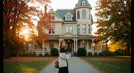 Young woman standing in front of a beautiful old house in autumn.の素材