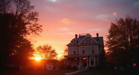 Sunset over an old house in a suburban setting with trees in the foregroundの素材