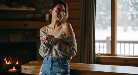 Beautiful woman with cup of coffee in front of the fireplace.の素材