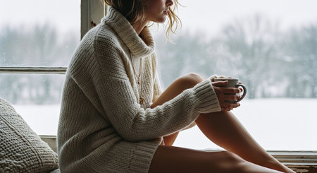 Beautiful girl in a sweater sits on the windowsill and drinks coffee.の素材