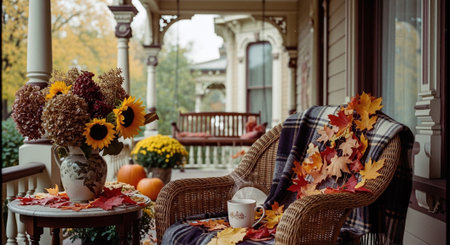 Cup of coffee and autumn flowers on the porch of the houseの素材