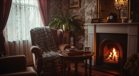 Cozy living room with fireplace and armchair. Vintage style.の素材