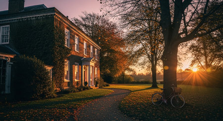 Sunset in the garden of an old mansion with a bicycle parked near itの素材