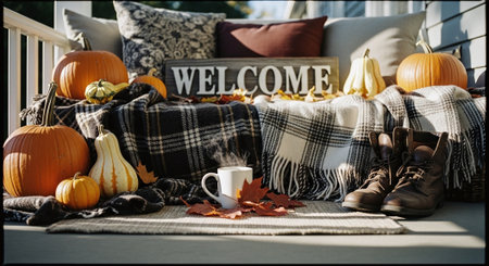 Autumn still life with pumpkins, plaid, cup of coffee and plaid on the porchの素材