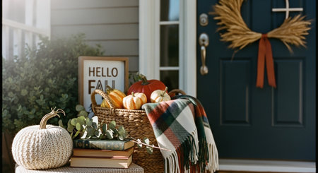 Cozy home interior with wicker basket with pumpkins, cozy plaid, books and autumn decor on the porchの素材