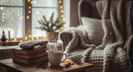 Cup of hot drink and stack of books with warm knitted plaid on wooden table in living roomの素材