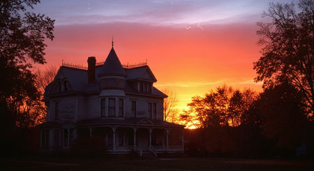Beautiful sunset in the park with old house in the foreground.の素材