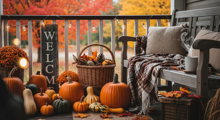 Autumn decoration on porch of house with pumpkins, wicker basket and plaidの素材