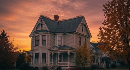 Sunset at the old victorian house in the fall season.の素材