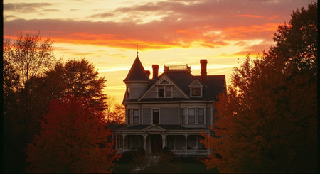 Beautiful sunset over the old house in the park. Vintage styleの素材