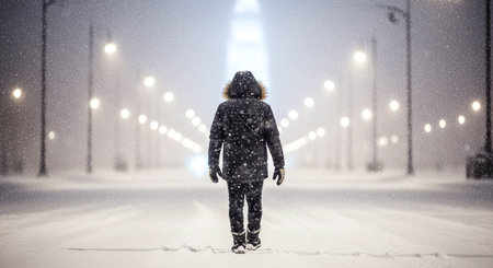 Young woman walking on snow covered road at night. Rear view.の素材
