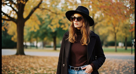 Beautiful young woman in a hat and coat walking in the autumn parkの素材