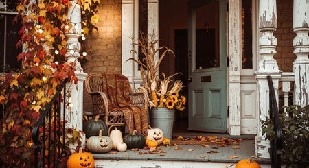 Halloween decorations on porch of old house with pumpkins and wicker chairの素材