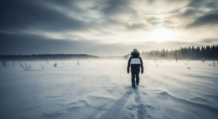 Man walking on a frozen lake in the winter forest. Toned.の素材