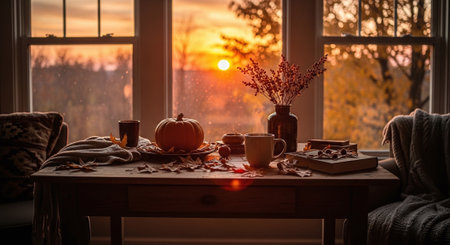Autumn still life with cup of coffee, pumpkins and autumn leaves on the windowsill at sunsetの素材