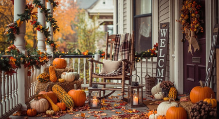 Halloween decorations on the porch of a house with pumpkins.の素材