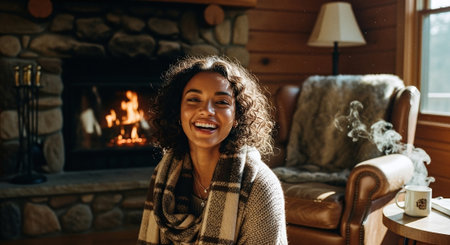 Smiling young woman in warm sweater and scarf standing near fireplace at homeの素材