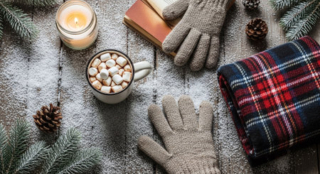 Hot chocolate with marshmallow, scarf and book on wooden background.の素材