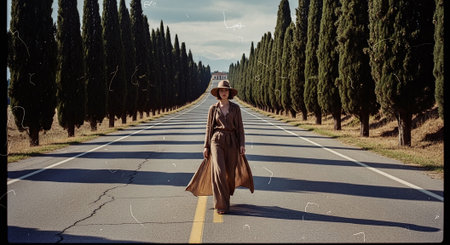 Fashionable woman walking on the road in Tuscany, Italyの素材