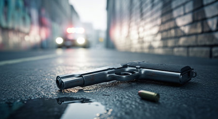 Pistol on the street in the evening. 3d renderingの素材