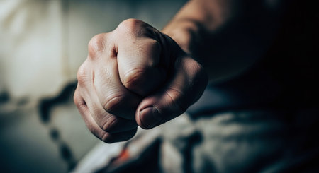 Close-up of a man's hand clenched into a fist.の素材