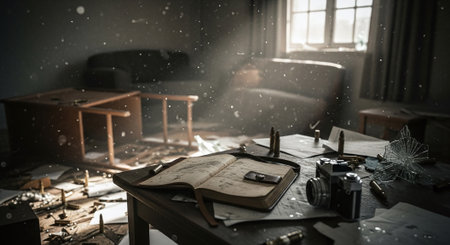 Abandoned room with old books, camera and cup of coffeeの素材