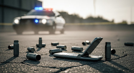 Police car and mobile phone on the street. Focus on the phone.の素材