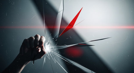 Close up of human hand breaking glass with red light 3D renderingの素材