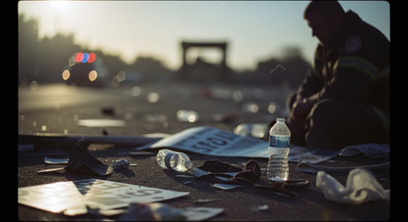 Man with bottle of water and newspaper on the street. Selective focus.の素材