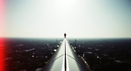 Businessman standing on the top of the airplane looking at the horizonの素材