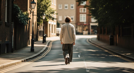 Rear view of a man walking on the street, back viewの素材