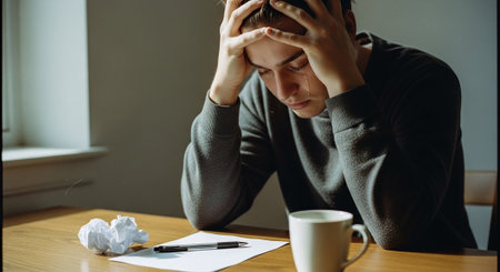 Sad young man sitting at the table in the office and holding a cup of coffeeの素材