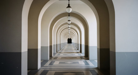 Interior view of an arched corridor in a modern building.の素材