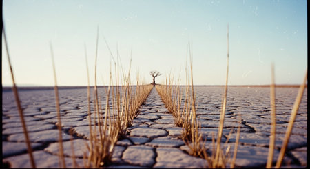 Desert landscape. Dry cracked earth background. Global warming concept.の素材