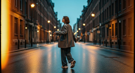 Woman walking on the street in the evening. City life concept.の素材