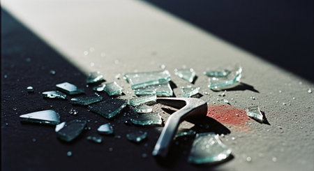 Broken glass on a black background. Shallow depth of field.の素材