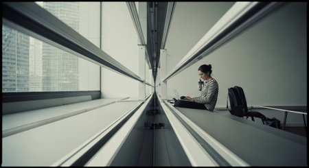 Businesswoman working on laptop while sitting in corridor of modern office buildingの素材