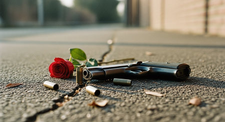 Shotgun and red rose lying on the road in the city.の素材