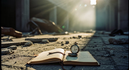 Vintage pocket watch and a book on the ground in the sunlightの素材