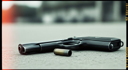 Gun and bullet on the ground. Conceptual image of crime.の素材