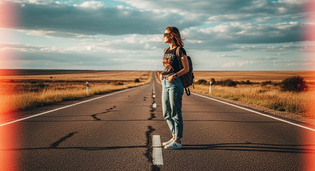Young woman with a backpack walking on an empty road in the countrysideの素材