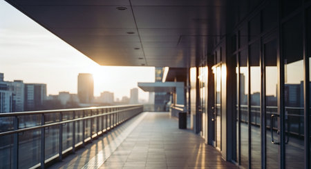 Cityscape of modern office building at sunset. Blurred background.の素材