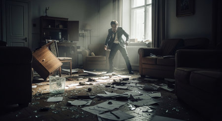 Dramatic image of a woman standing in a messy room.の素材