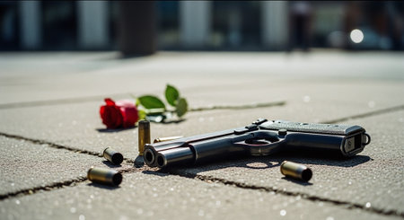 Gun and rose on the ground. Selective focus on gun.の素材