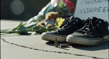 Sneakers and a bullet on the grave at the cemetery.の素材