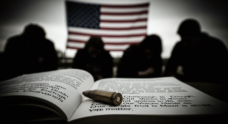 Silhouette of a group of people reading an open book with an American flag in the backgroundの素材