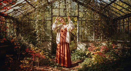 Beautiful woman in a red dress in an old greenhouse. Autumn.の素材