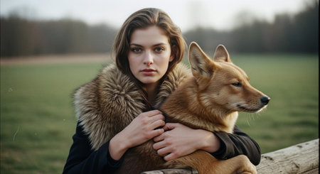 Portrait of young beautiful woman with shiba inu dog.の素材