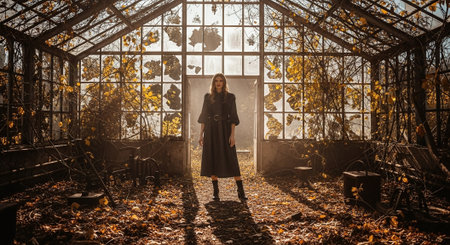Young woman in a black coat with a hood standing in an abandoned greenhouseの素材